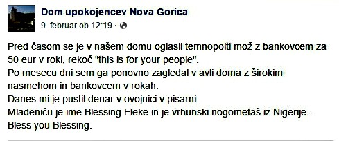 Zapis direktorja Doma upokojencev Nova Gorica Bojana Stanteta o tem kako je Blessing Eleke podarjal denar (foto: facebook).