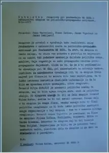 Dokument iz l.1975, o ustanovitvi Skupine za psihološko propagandno aktivnost, katere člani so bili Milan Kučan, Janez Zemljarič, Tomaž Ertl, Franc Šetinc, Tomo Martelanc, Janez Vipotnik.