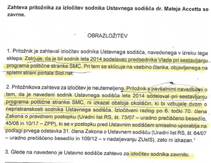 Obrazložitev sodbe Ustavnega sodišča, kjer piše, da Acceto ni sodeloval kot pisec volilnega programa SMC-ja. (vir Požareport)