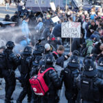 Ljubljana, Trg republike.Protest nasprotnikov pogojev PCT.