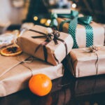 Beautiful themed gifts lie on wooden table