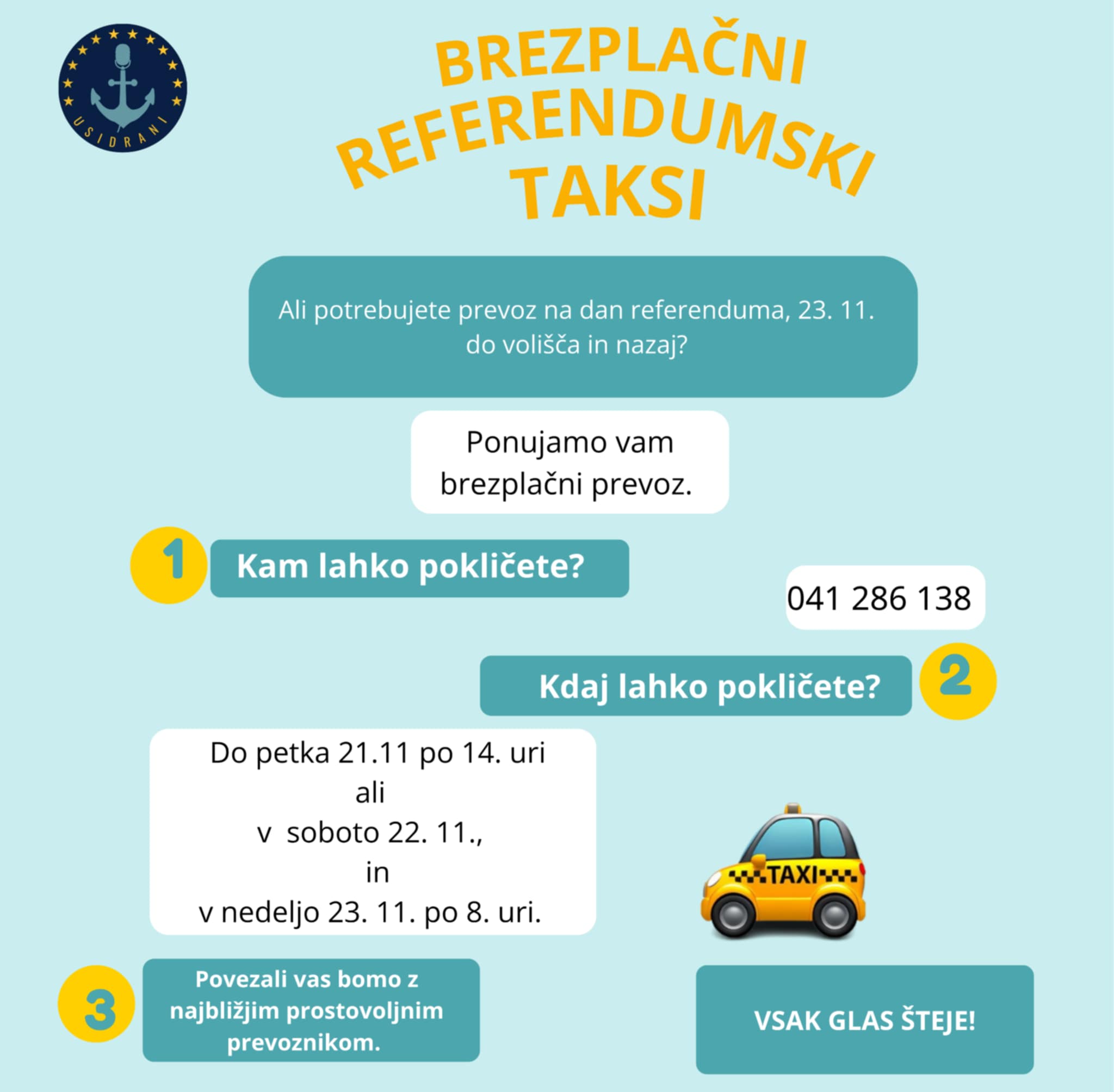 Brezplačni prevoz do volišč za starejše: “Referendumski brezplačni taksi”