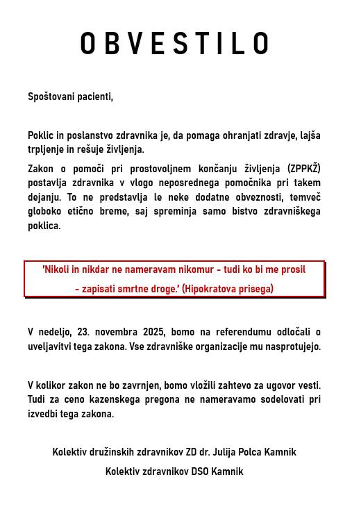 ZD Kamnik odločno: “V primeru sprejemanja spornega zakona pri izvajanju ne bomo sodelovali”