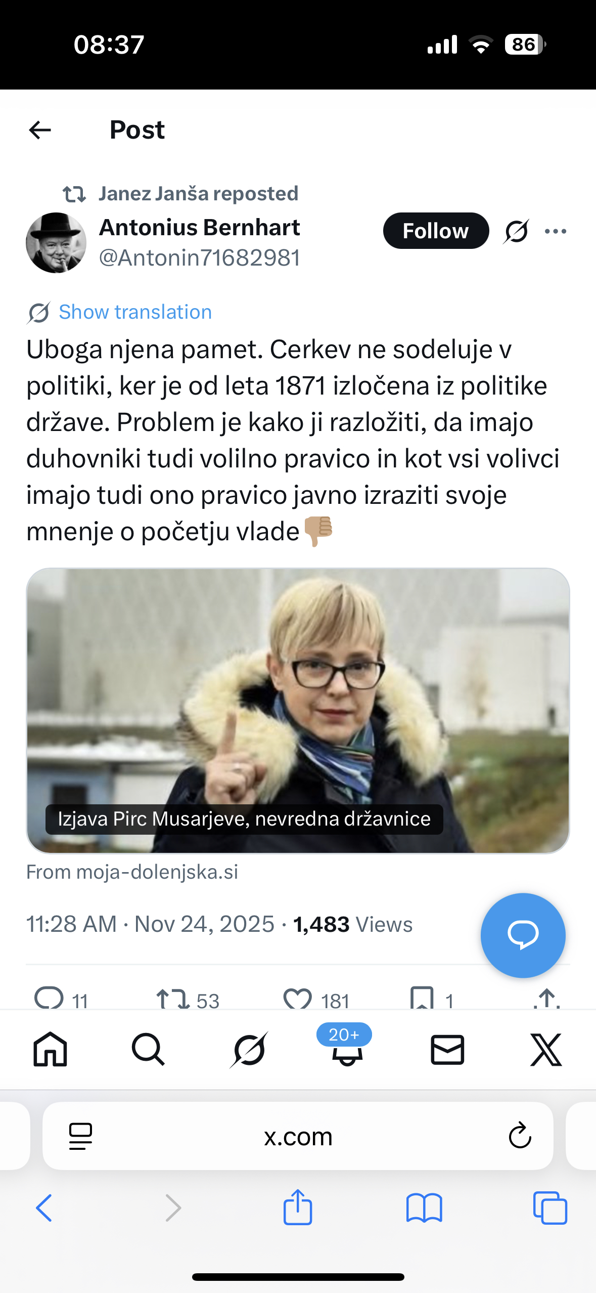 Duhovnik: “Predsednica bi kot pravnica morala vedeti, kaj je ločenost Cerkve od države”