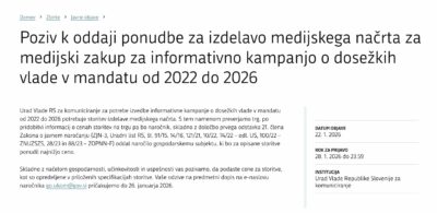 Vladni urad za komuniciranje je poziva k oddaji ponudbe za izdelavo medijskega načrta za medijski zakup za informativno kampanjo o dosežkih vlade v mandatu 2022–2026. (Foto: zajem zaslona)  