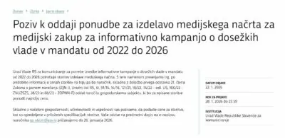Vladni urad za komuniciranje je poziva k oddaji ponudbe za izdelavo medijskega načrta za medijski zakup za informativno kampanjo o dosežkih vlade v mandatu 2022–2026. (Foto: zajem zaslona)  