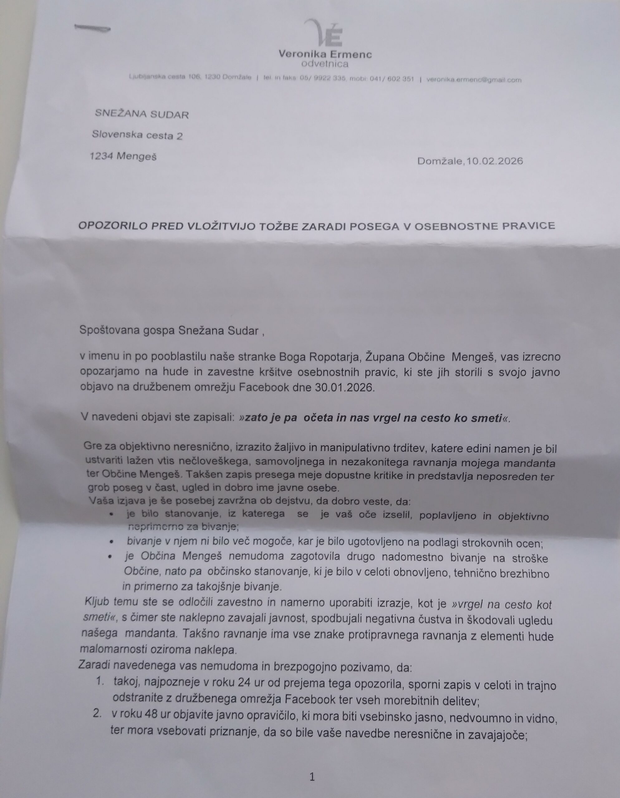 Ali mengeški župan z odvetniškim opozorilom skuša utišati kritiko pred lokalnimi volitvami 2026?