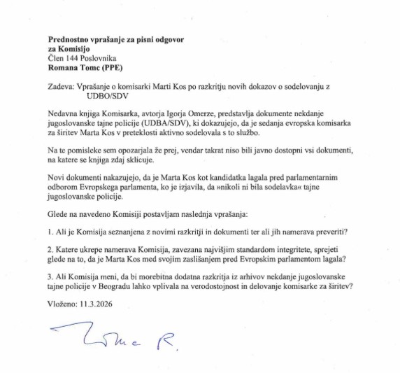 Evropska poslanka Romana Tomc postavlja Komisiji prednostno vprašanje o udbovski preteklosti komisarke Kosove