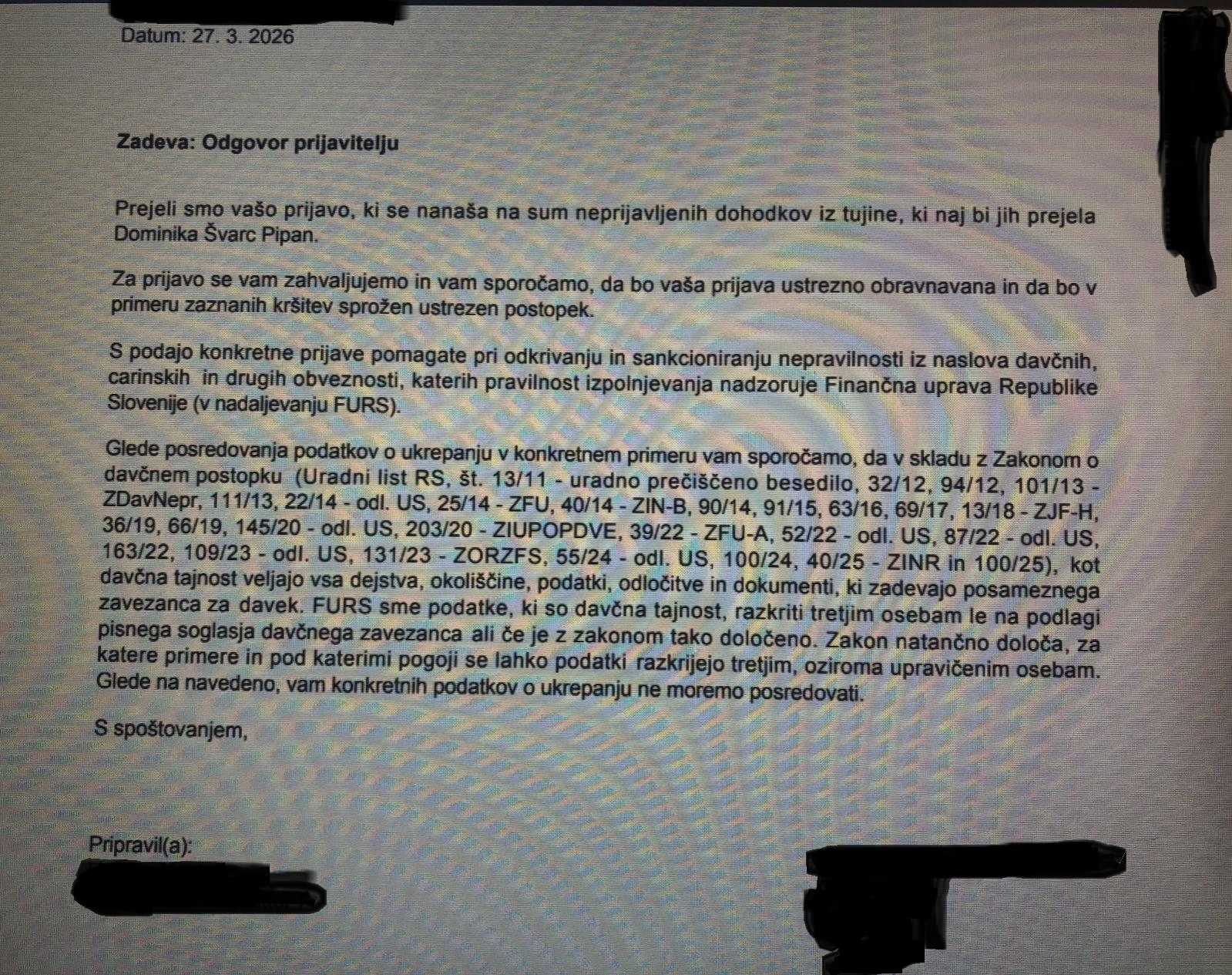 Anonimna prijava na FURS: Švarc Pipan naj bi prikrivala dohodke iz tujine