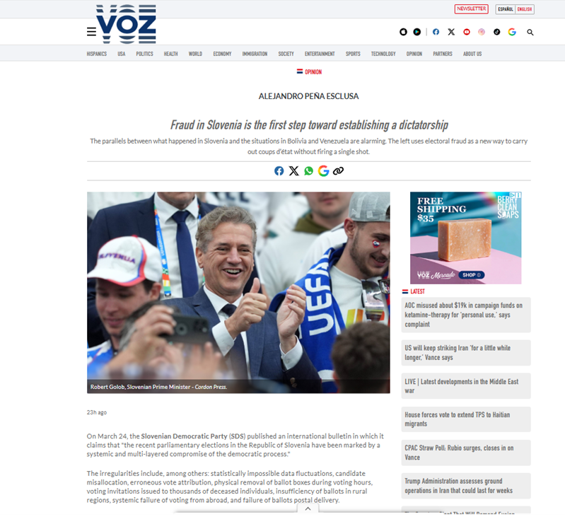 Peña Esclusa za tuje medije: Vzorec volilnih prevar in digitalnega kolapsa v Boliviji in Venezueli se je ponovil v Sloveniji