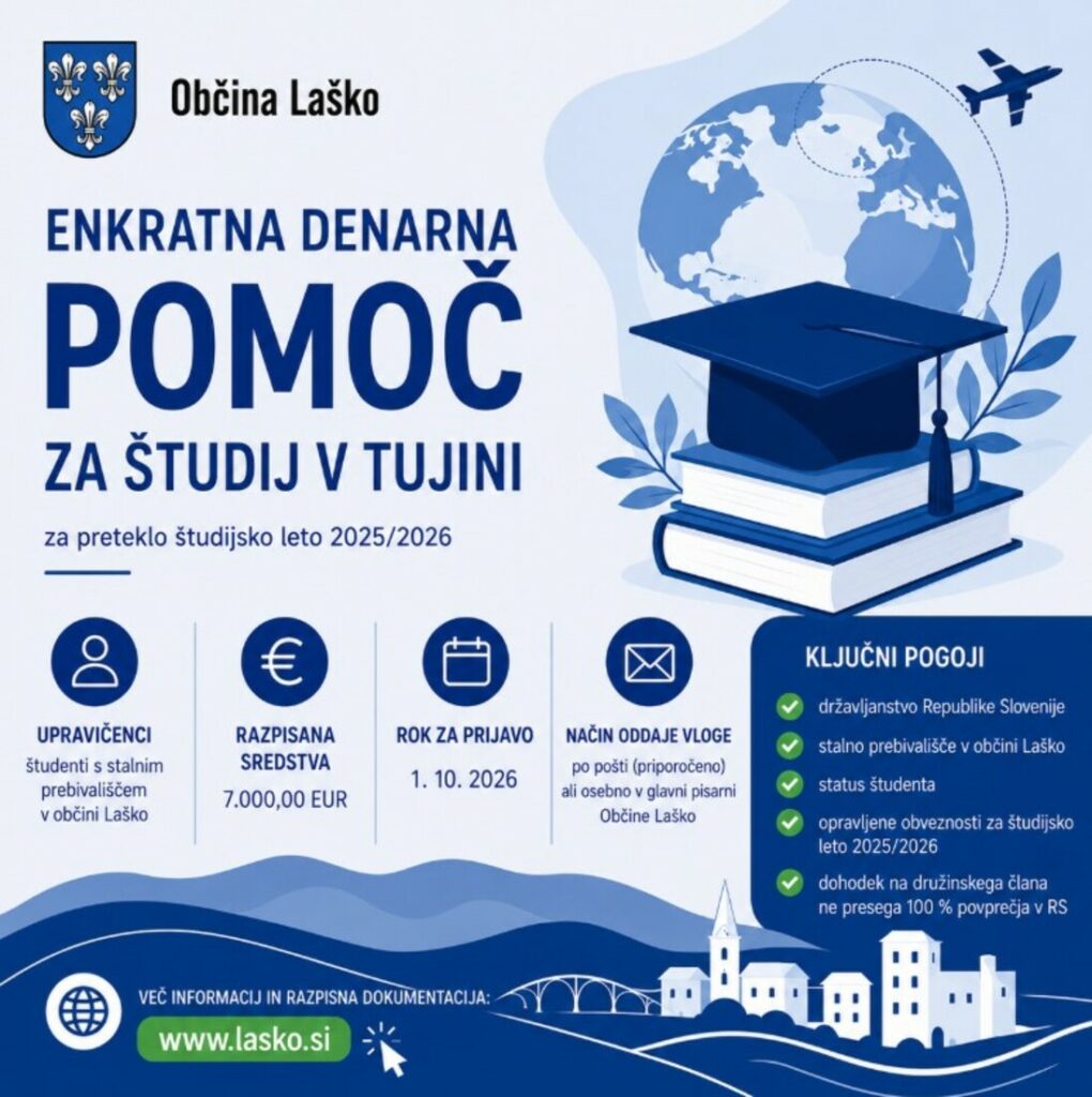 Občina Laško: Enkratna denarna pomoč za študij v tujini za študijsko leto 2025/2026