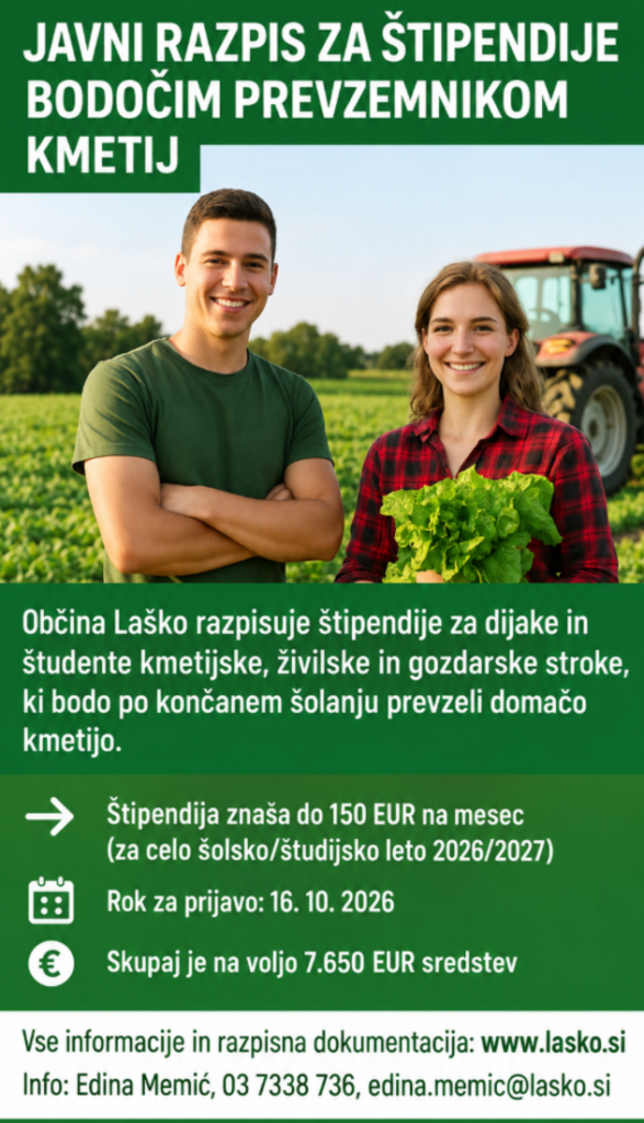 Laško: Javni razpis za štipendiranje bodočih prevzemnikov kmetij